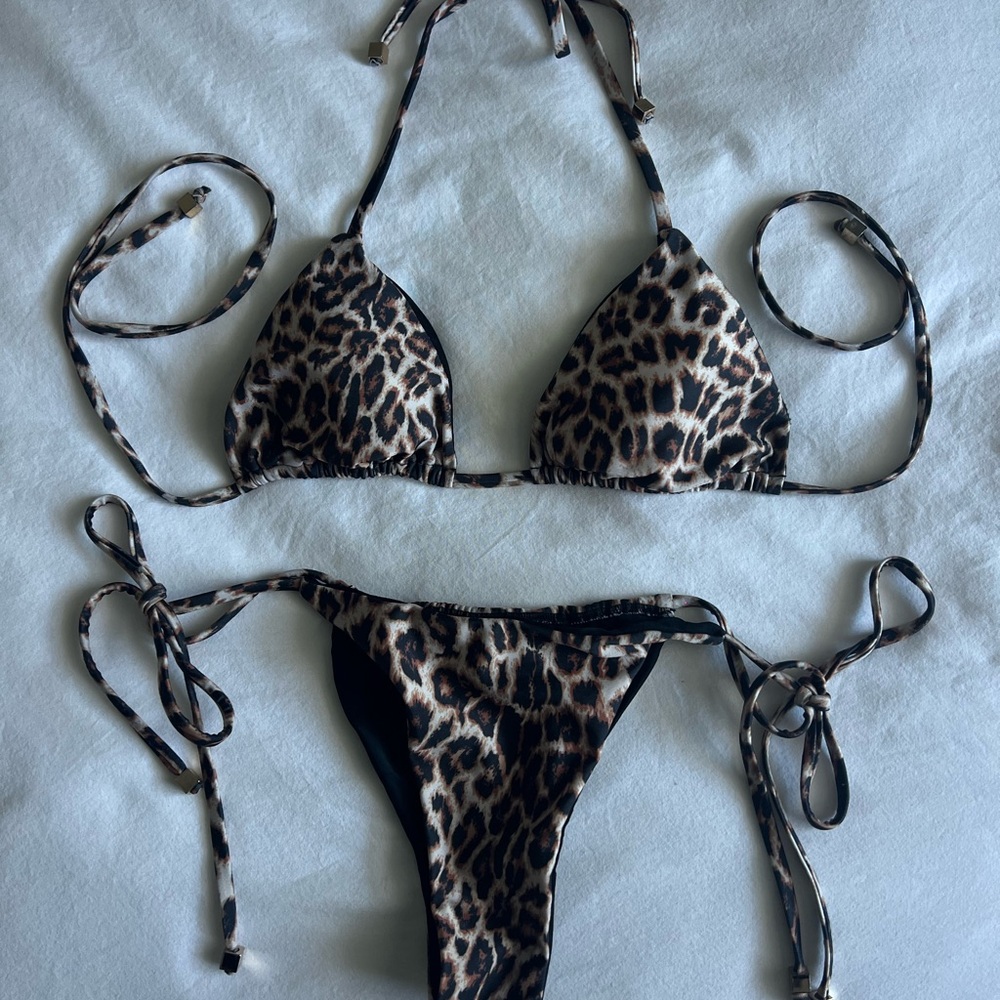 Leopard Print String Bikini Top & Bottom - Brown … - image 1